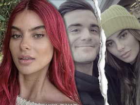 Romina Palm macht ein Selfie, im Hintergrund ist ein Bild von ihr und Stefano Zarrella zerrissen