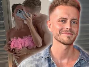 Julian Claßen lächelt, im Hintergrund ein Pärchen-Selfie mit Tanja Makarić