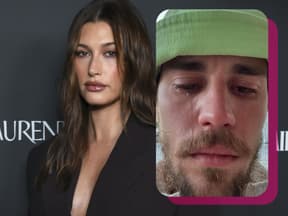 Hailey Bieber guckt ernst, daneben ein Selfie von weinendem Justin Bieber