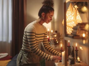 Frau zündet Kerzen an