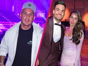 Pietro Lombardi guckt ernst, Stefano Zarrella und Sarah Engels lächeln Arm in Arm