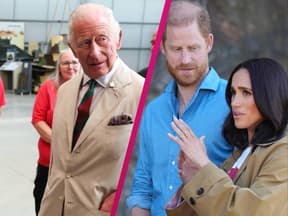 Collage von König Charles, Prinz Harry und Herzogin Meghan