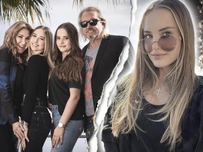 Carmen, Shania, Davina und Robert Geiss posieren für ein Familienfoto. Im Vordergrund ein Selfie von Davina Geiss und in der Mitte ein Riss. 