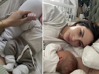 Jennifer Saro liegt mit ihrem Baby im Bett