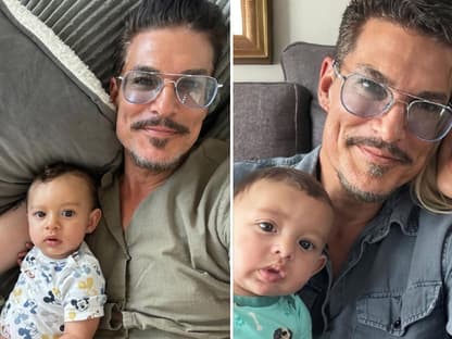 Chris Töpperwien macht Selfies mit seinem Sohn Lino und seiner Frau Nici