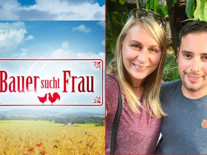 "Bauer sucht Frau"-Logo und Katrin und Marc mit ihrem Verlobungs-Selfie