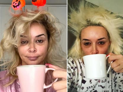 Daniela Katzenberger ungeschminkt mit Kaffeetasse