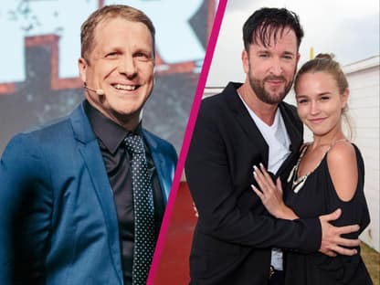 Oliver Pocher lacht, Michael Wendler und Laura Müller Arm in Arm
