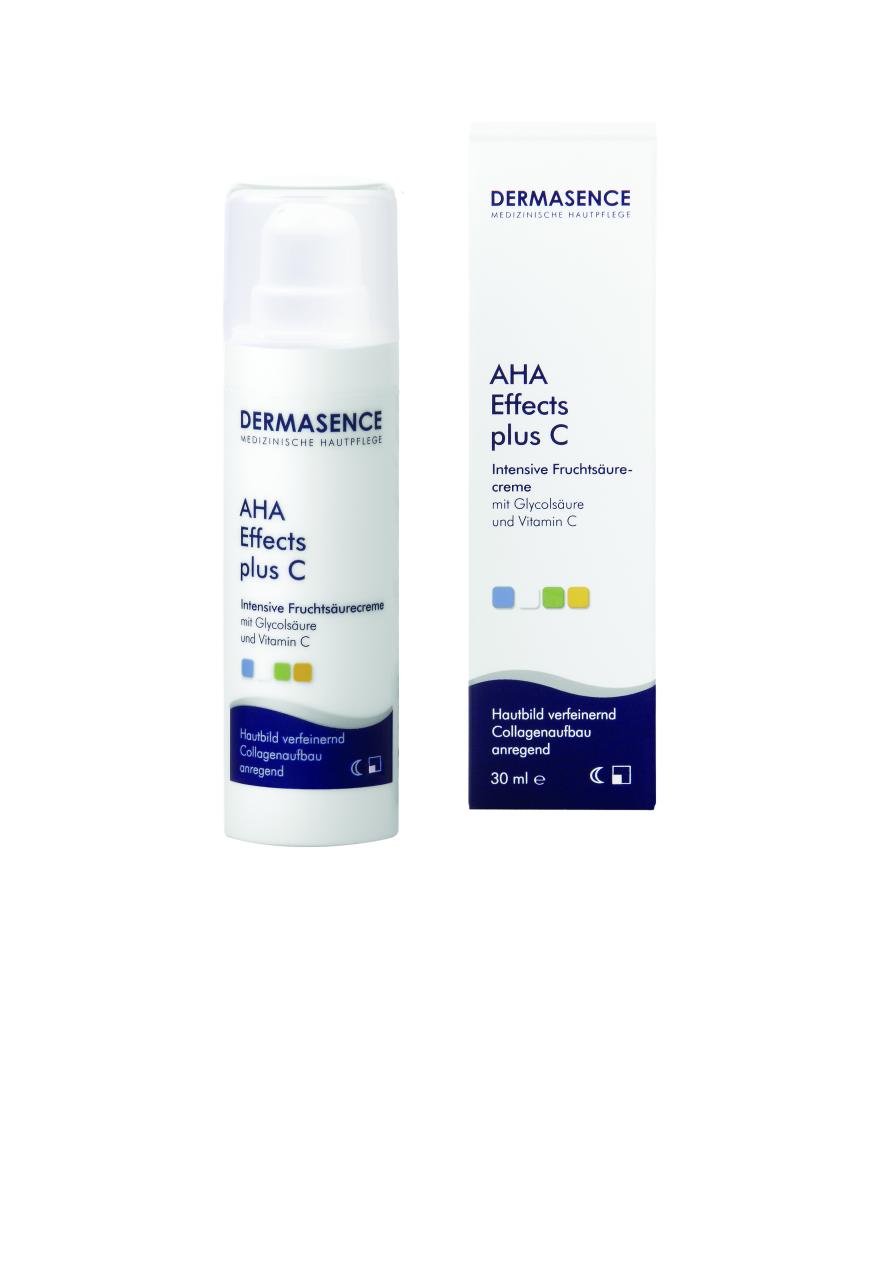Verfeinerung EBENMÄßIGE HAUT
„Aha Effects plus C“- Fruchtsäurecreme von Dermasence, ca. 20 Euro, in Apotheken