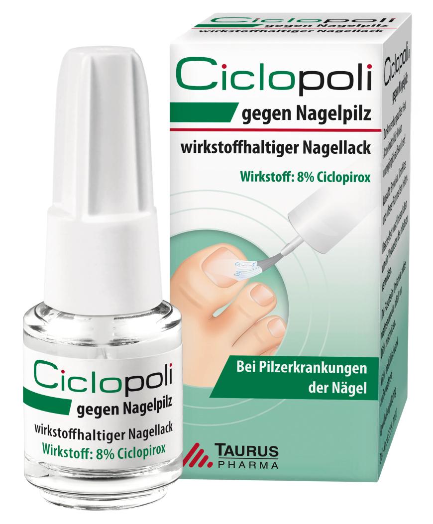 „Ciclopoli gegen Nagelpilz“ von Taurus Pharma, wasserlöslich, ca. 27 Euro, in der Apotheke