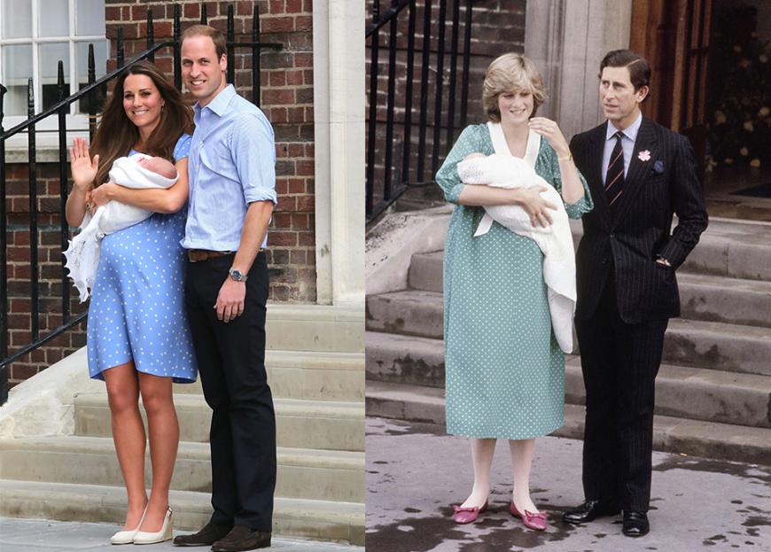 Schon bei der Geburt von Prinz George trug Kate (l.) ein ganz ähnliches Kleid wie Diana bei der Geburt von Prinz William (r.).