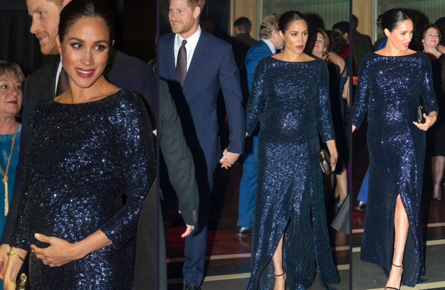 So schön schwanger: Die Herzogin war hier mittlerweile im 6. Monat. Meghan glitzerte am 16. Januar 2019 in einem dunkelblauen Roland-Mouret-Paillettenkleid (Kostenpunkt: ca. 3800 Euro), als sie sich mit Prinz Harry in der Royal Albert Hall eine Vorführung der