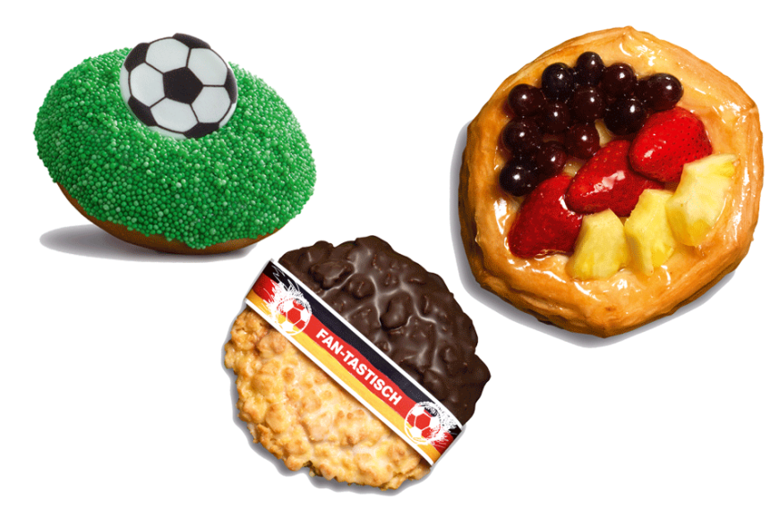 Die EM wird lecker: Volltreffer-Donut, ab 1,19 €, Fan-Taler, ab 1,69 €, und Deutschland-Plunder, ab 2,29 € gibt's ab sofort bei Kamps.