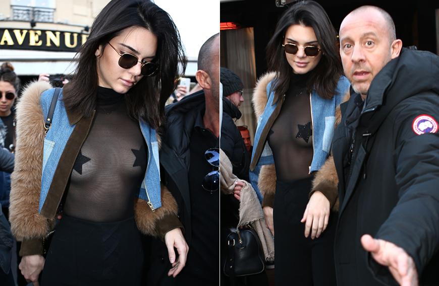 Platz da, hier kommt Kendall! Kendall Jenner ist auf der Pariser Fashion Week trotz Januar-Temperaturen in transparenter Bluse unterwegs. Nur Sternchen-Pasties bedecken ihre Nippel.