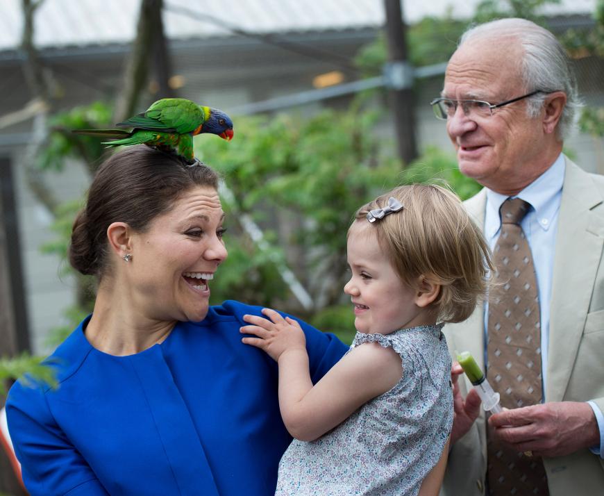 Wer hat hier 'nen Vogel? Prinzessin Estelle hat mit Mama Victoria und Opa Karl Gustaf von Schweden Spaß im Zoo.