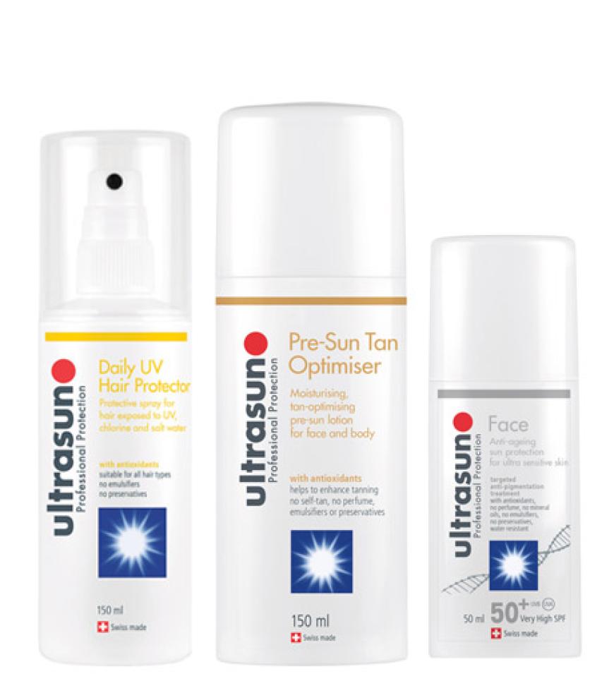 Für die Extra-Portion Pflege für Haut und Haar: Pre-Sun Tan Optimiser (für schnellere und anhaltende Bräune), Face SPF50+ Anti-Pigmentation gegen Pigmentstörungen für sehr empfindliche Haut und Daily UV Hair Protector für Schutz vor UV-Strahlung, Chlor- und Salzwasser. Von Ultrasun
