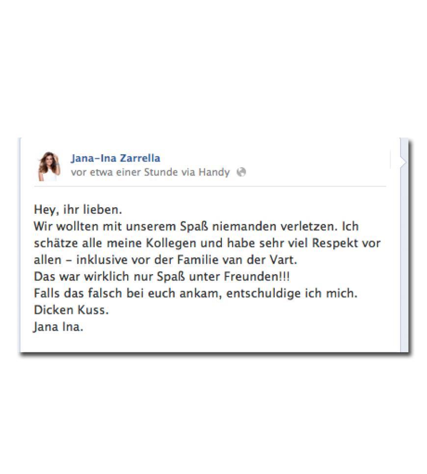 Jana Ina Zarella rudert zurück und entschuldigt sich bei ihren Facebook-Fans