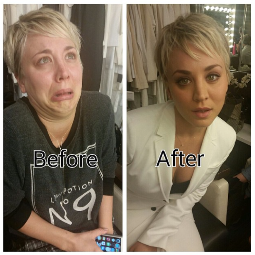 Herrlich selbstironisch! Kaley Cuoco postete jetzt ein Bild von sich, das sie einmal vor und nach dem Einsatz ihrer Visagisten zeigt. Auf dem linken Bild sehen wir die 29-Jährige ungeschminkt, rechts mit perfektem Make-up und top frisiert. Dazu schreibt sie: