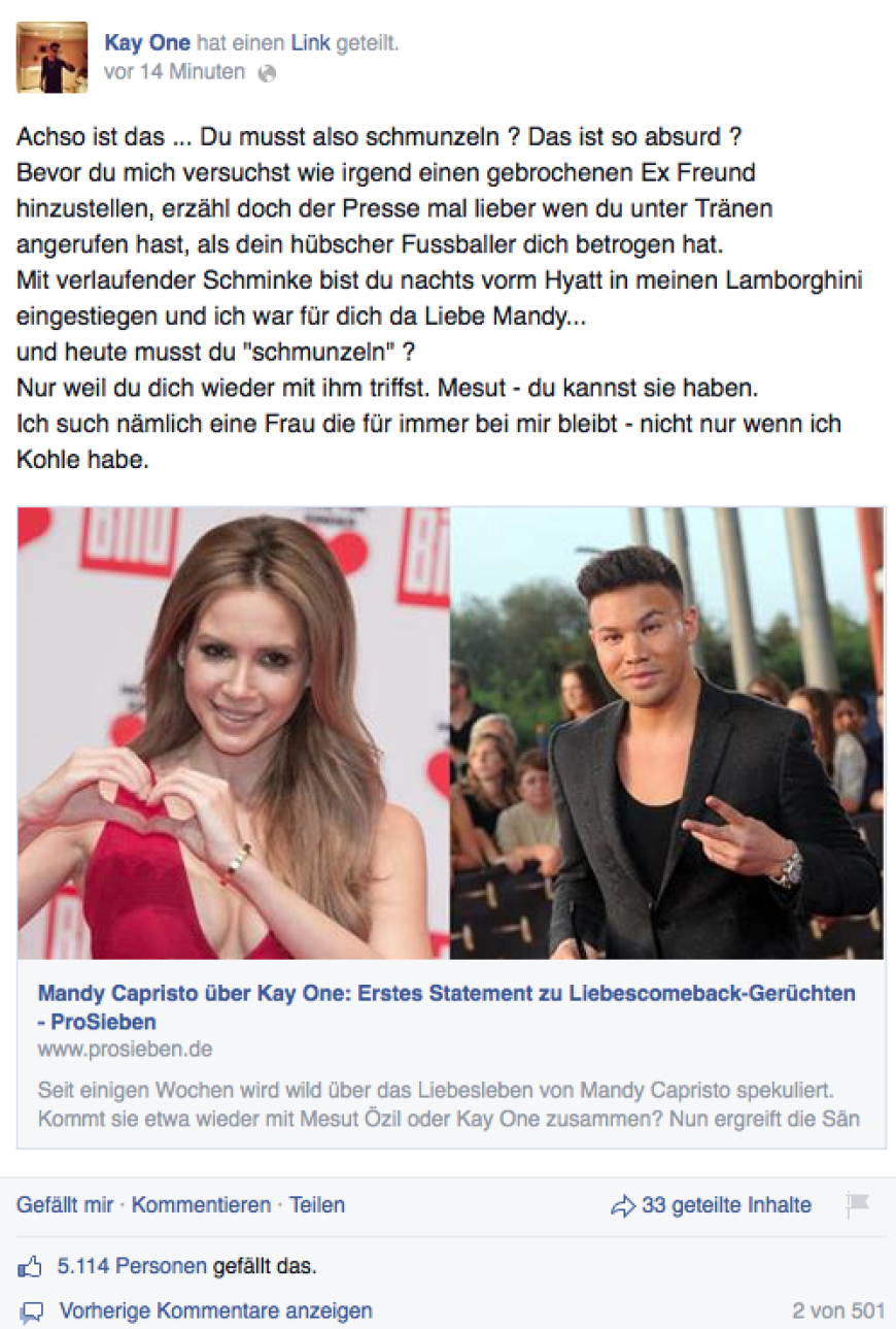 Dieses Facebook-Posting hat Kay One bereits wieder gelöscht.