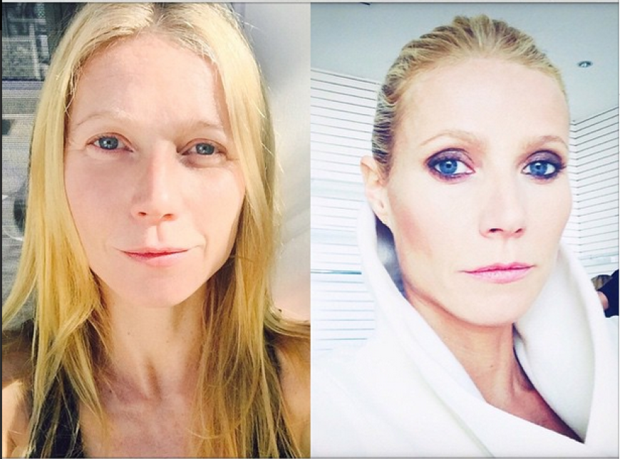 Auch Gwyneth Paltrow reiht sich in die Nude-Look-Schönheiten ein. Ganz ohne Mascara, Foundation und Co. präsentiert sich die Ex von Chris Martin auf ihrem Instagram-Account. Zum Vergleich: So geschminkt wie auf dem rechten Foto kennen wir die Promi-Dame.
