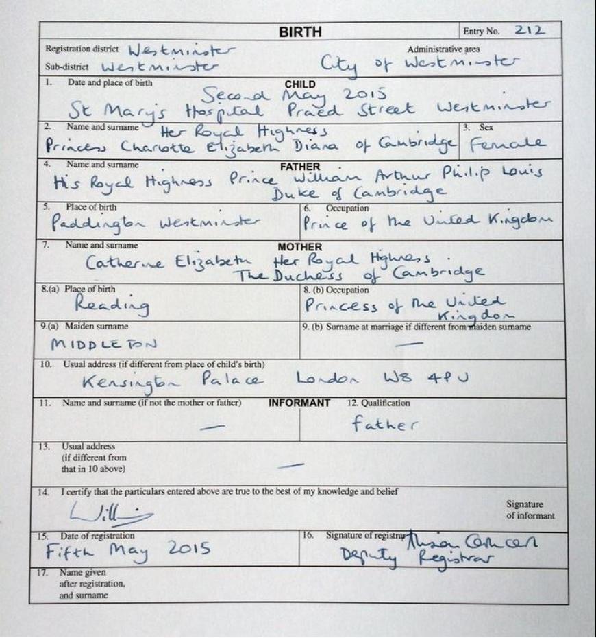 Das ist die Geburtsurkunde der kleinen Prinzessin Charlotte.