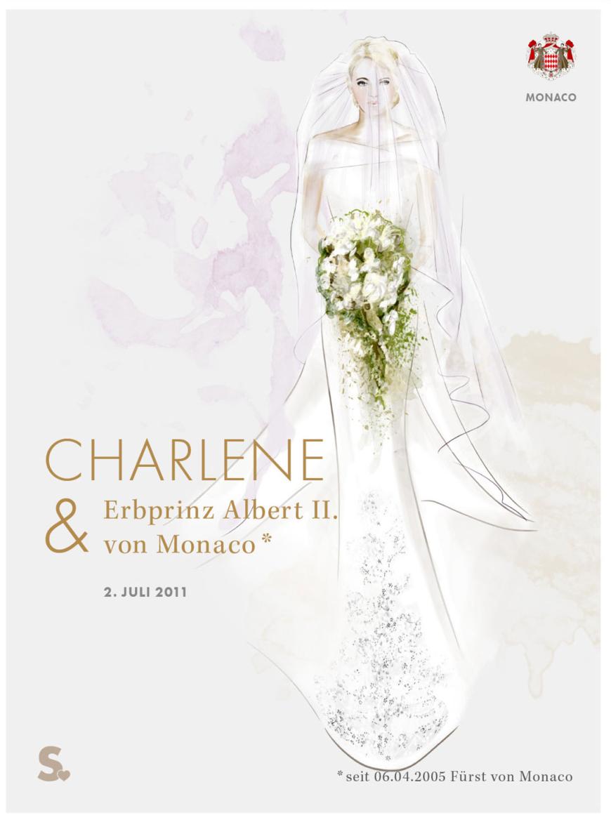 Designer: Armani (IT)
Schleppe: 20 Meter
Schleier: 20 Meter weißer Seidentüll
Kleid: Das schmale weiße Seidenkleid wurde mit 20.000 Perlen und 40.000 Swarovski-Kristallen bestickt. Neben der normalen Schleppe ging eine zweite längere vom Rücken ab.
Schmuck: Nur eine Blütenhaar-Brosche aus dem 19. Jahrhundert zierte Charlenes Hochsteckfrisur. Sie verzichtete auf weiteren Schmuck.