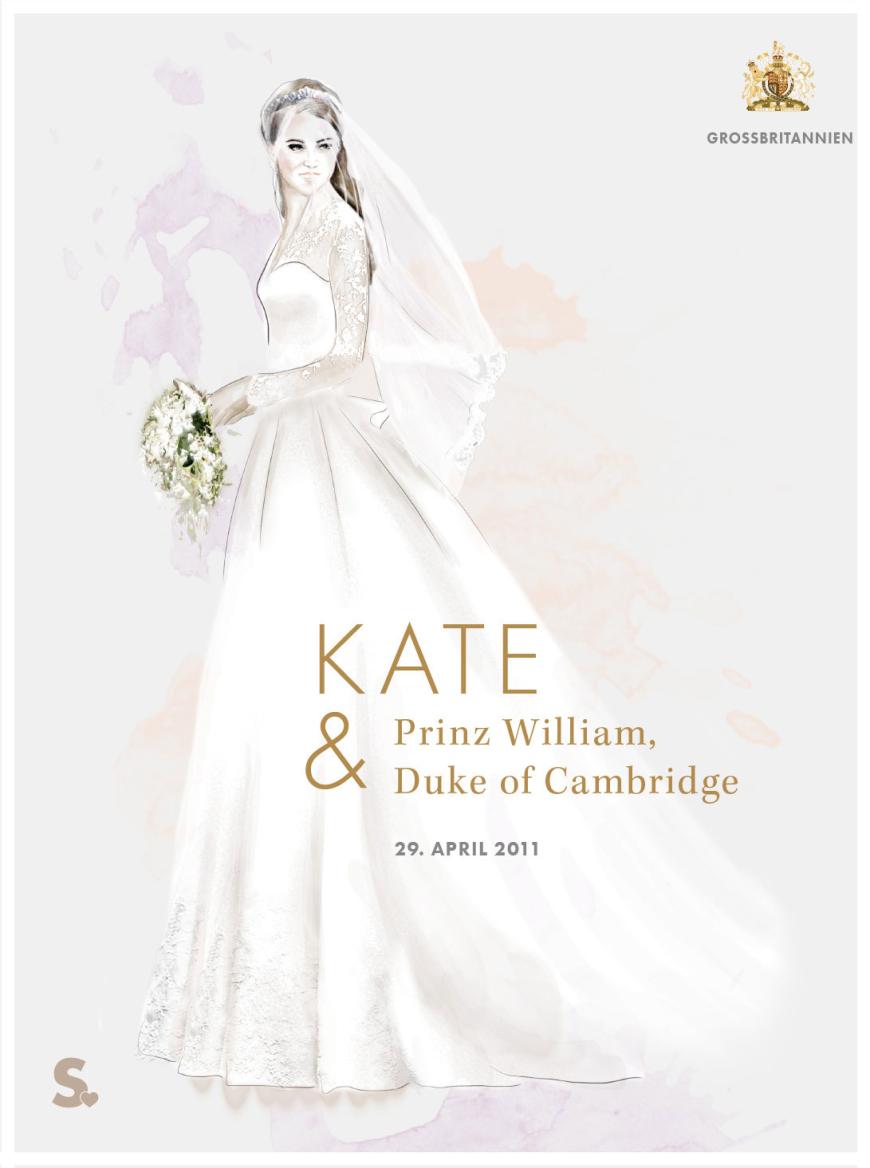 Designer: Sarah Burton für Alexander McQueen (UK)
Schleppe: 2,70 Meter
Schleier: Kurzer Schleier aus Seidentüll
Kleid: Das elfenbeinfarbene Korsagenkleid aus Satin-Gaze wurde mit englischer Spitze versehen.
Schmuck: Die Tiara war eine Leihgabe der Queen, die Ohrringe ein Geschenk von Kates Eltern