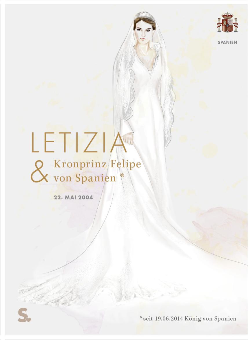 Designer: Manuel Pertegaz (ES)
Schleppe: 4,5 Meter
Schleier: 3 Meter langer Spitzenschleier
Kleid: Das elfenbeinfarbene Kleid mit Stehkragen wurde ausschließlich nachts gewebt, um das Design geheim zu halten. Die Schleppe wurde mit Liline bestickt.
Schmuck: Das Platindiadem war mit Brillanten besetzt, die Ohrringe ein Geschenk von Letizias Schwiedermutter Sofia.