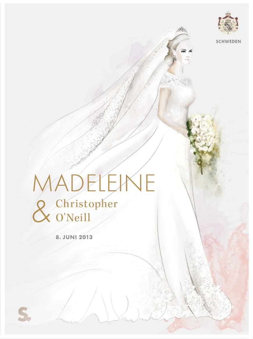 Designer: Valentino (IT)
Schleppe: 4 Meter
Schleier: 6 Meter langer Schleier mit Spitzendetails
Kleid: Das elfenbeinfarbene Kleid aus Seidenorganza wurde mit Chantilly-Spitze besetzt.
Schmuck: Zu einem Diamant-Diadem kombinierte Madeleine Tropfen-Ohrringe und ein Diamant-Armband.