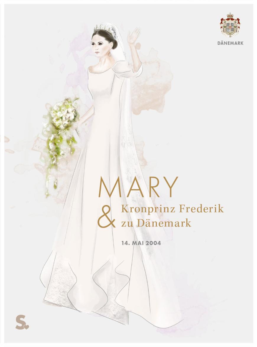 Designer: Uffe Frank (DK)
Schleppe: 6 Meter
Schleier: Spitzenschleier, der zusammen mit der Spitze des Kleides vererbt wurde
Kleid: 28 Meter cremefarbene Duchesse (Seidensatin) wurden in 300 Stunden verarbeitet, in den Rock wurden 8 Meter Spitze eingearbeitet.
Schmuck: Das Diadem war ein Geschenk von Prinz Frederik und seiner Mutter; die Ohrringe wurden aus Platin, Südseeperlen und Brillanten angefertigt.