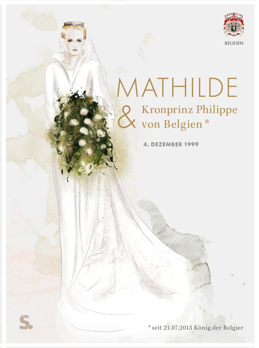 Designer: Éduard Vermeulen (BE)
Schleppe: 5 Meter
Schleier: Familienerbstück von 1877 aus Brüsseler Spitze
Kleid: Die cremefarbene Mantel-Robe aus Seidenkrepp mit langen Ärmeln war perfekt für Dezember-Temperaturen. Darunter trug Mathilde ein schlichtes Kleid.
Schmuck: Zu Perlenohrringen trug die Braut eine Tiara ihrer Schwiegermutter.
