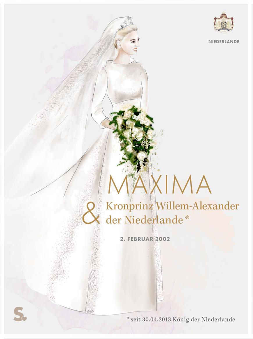 Designer: Valentino (IT)
Schleppe: 7 Meter
Schleier: Von Hand bestickter Seidenschleier mit Blumenmotiven
Kleid: Das elfenbeinfarbene Kleid mit hohem Kragen wurde aus Mikado-Seide gefertigt, an den Seiten wurde Spitze eingearbeitet.
Schmuck: Das Diadem aus Weißgold und Brillanten wurde aus einem alten Diadem gefertigt.