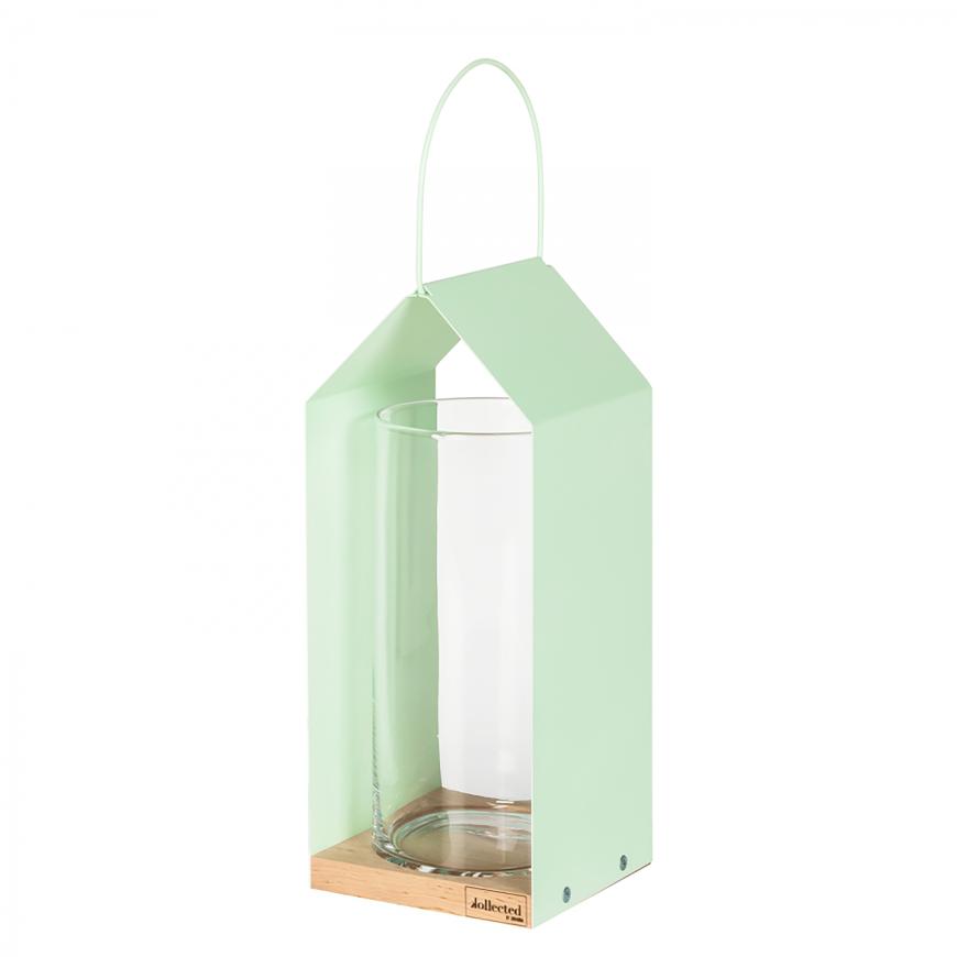 Mintfarbener Kerzenhalter aus Holz.