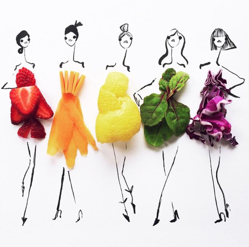 Lecker! Gretchen Röehrs zeigt süße und herzhafte Modeillustrationen aus Obst und Gemüse!