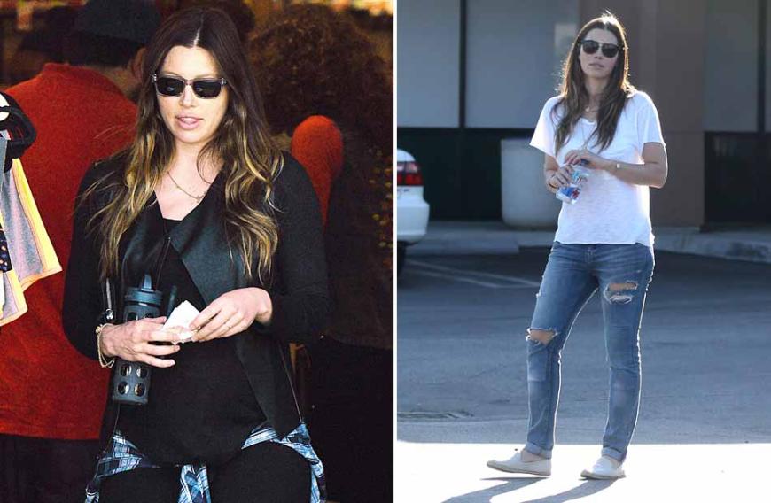 WOW! Knapp vier Monate nach der Geburt von Baby Silas überrascht Jessica Biel mit erschlanktem After-Baby-Body. Noch vor der Entbindung trug die Frau von Justin Timberlake eine XXL-Kugel vor sich her (links).