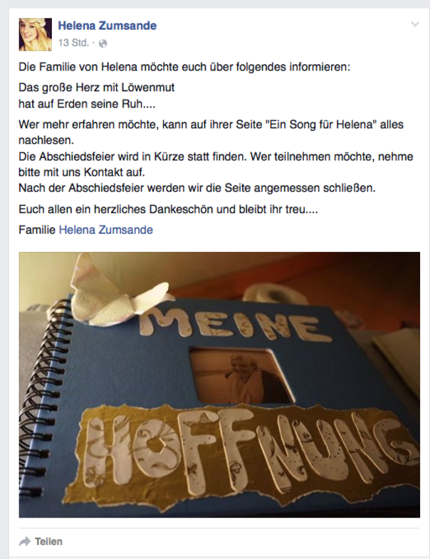Ihre Familie teilte die traurige Nachricht auf Facebook mit.