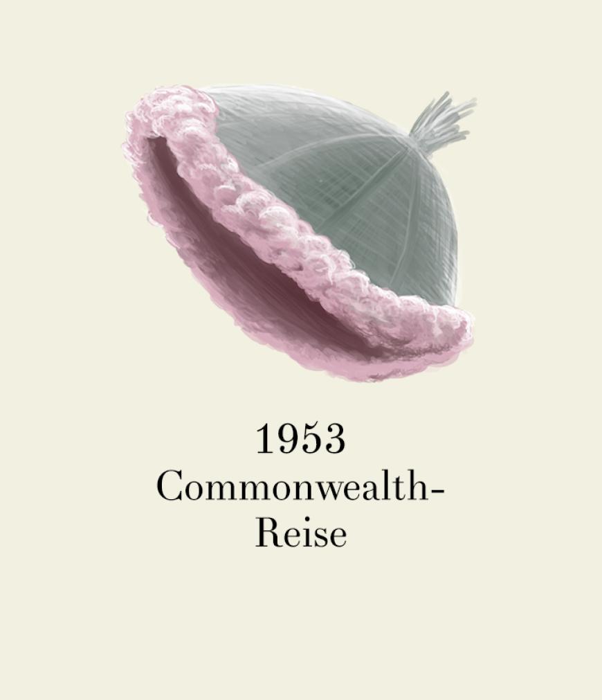 Zartes Mint und Rosa trug Queen Elizabeth bei einer Reise in die Commonwealth-Staaten.