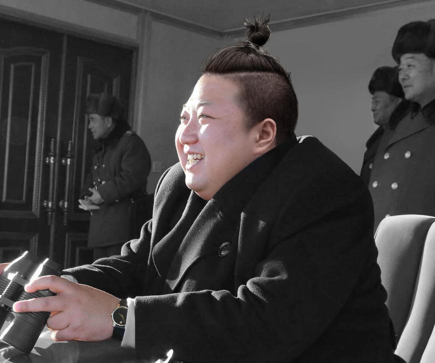 Kim Jong Un mit witziger Frisur zum fiesen Lachen.