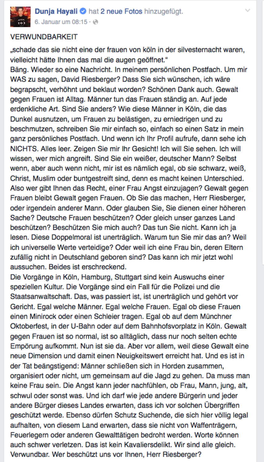 Souverän und differenziert hat Dunja Hayali mit einem Facebook-Post auf einen sexistischen Angriff eines Users reagiert.