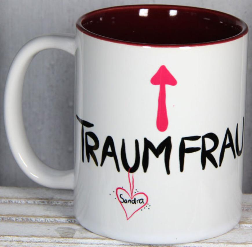 Personalisierbarer Kaffeebecher „Traumfrau & Traummann“ über Dawanda, ca. 14,50 €