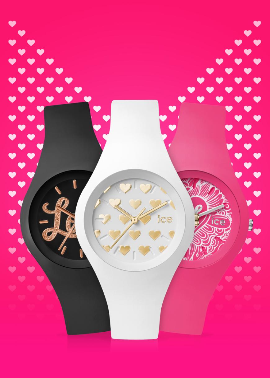 Die ICE Watch für Verliebte mit Schriftzug im Pop-Art-Design oder mit goldenen Herzchen auf dem Zifferblatt, ca. 89 €