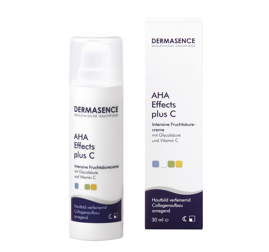 Kurbelt die Kollagenproduktion an: „AHA Effects plus C“-Fruchtsäurecreme von Dermasence, mit Vitamin C, ca. 23. Euro, in Apotheken