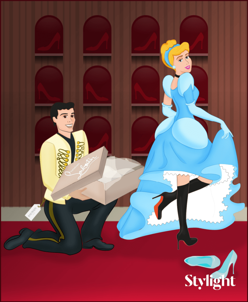 Cinderella würde ihrem liebsten Hobby frönen - den Schuhen! Und weil gläserne Schuhe auf Dauer einfach zu unbequem wären, würde sie sich ein Paar Christian Louboutin Overknees von ihrem Prinzen schenken lassen - das könnte uns auch gefallen!