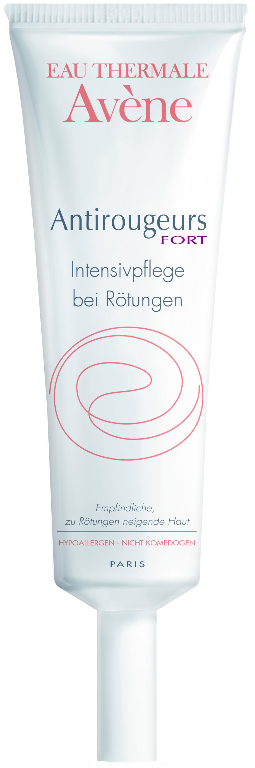 Gegen Rosacea: „Antirougeurs FORT Intensivpflege“ von Avène, mit Thermalwasser, ca. 22 Euro, in Apotheken