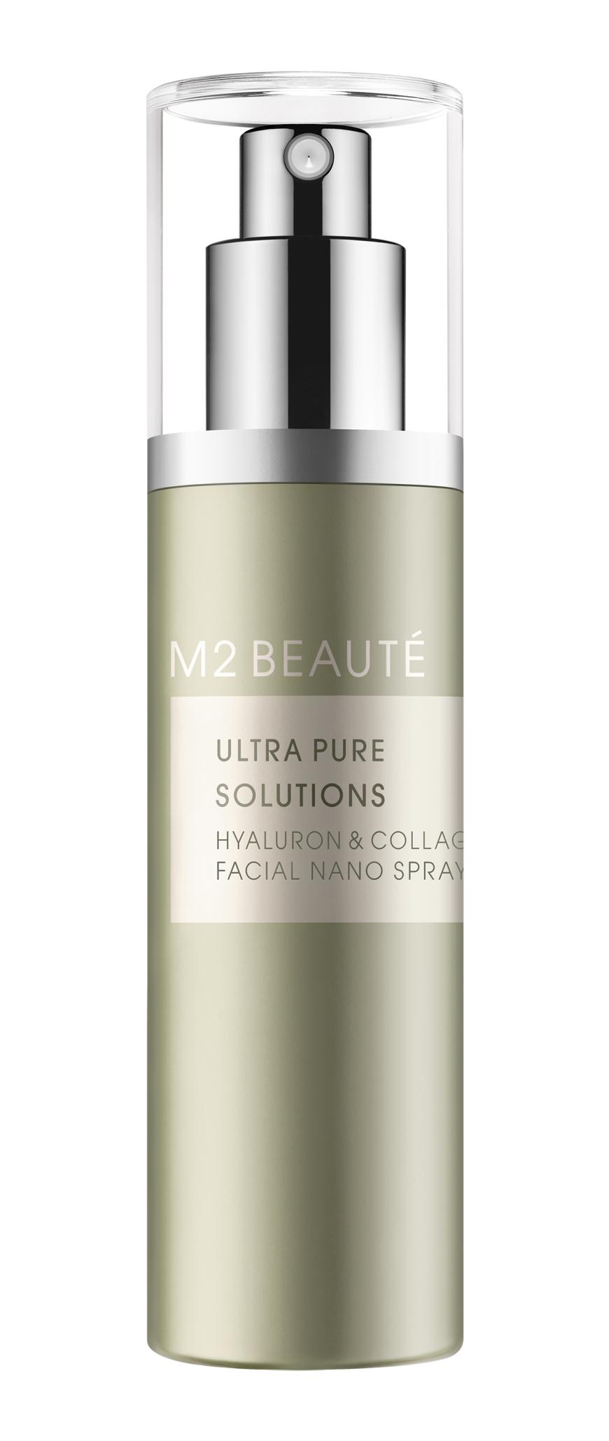 Dringt tief in die Hautschichten ein und beugt Falten vor: „Hyaluron & Collagen Facial Nano Spray“ von M2 Beauté, ca. 89 Euro