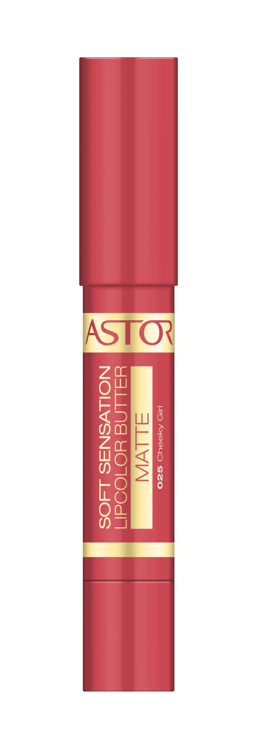 In Stiftform „Soft Sensation Lipcolor Butter Matte“ von Astor in „Nr. 25“, ca. 7 Euro
