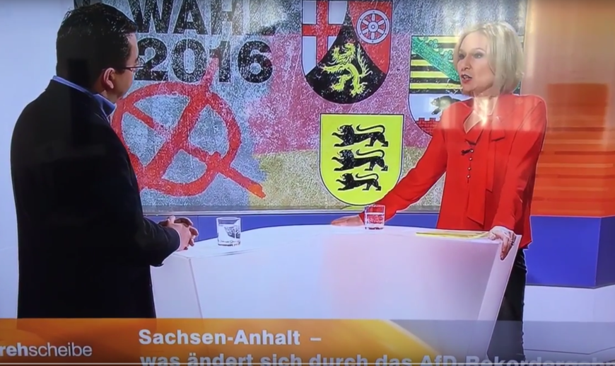 Die Moderatorin und der Studiogast diskutierten die drei Landtagswahlen vom Sonntag, als von Kienlin einen Schwächeanfall erlitt.