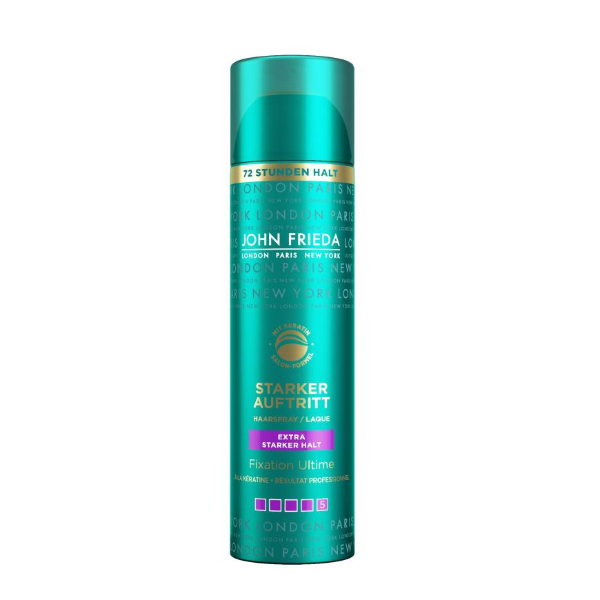HALTUNG „Starker Auftritt Haarspray Extra Starker Halt“ von John Frieda Salon Collection, ca. 7 Euro