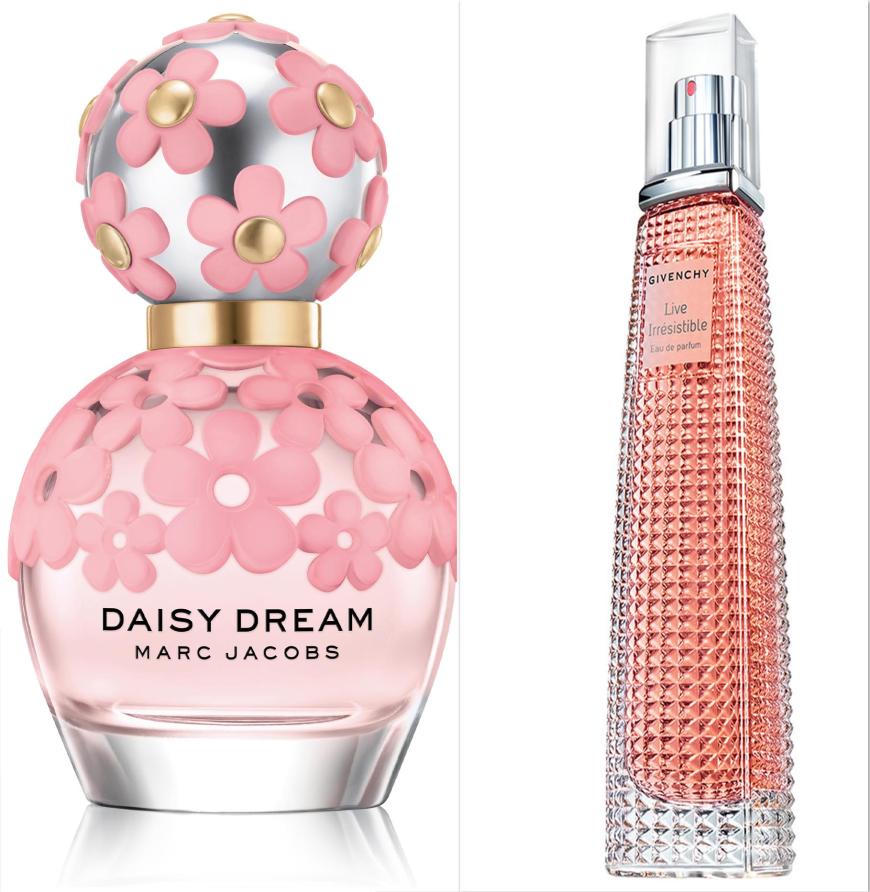 Blumig zu blumig: „Daisy Dream Blush Edition“ von Marc Jacobs, mit Veilchen, Rose und Vetiver, 50 ml, EdT, ca. 72 Euro + „Live Irrésistible“ von Givenchy, mit Rosenblättern, Amber und Ananas, 40 ml, EdP, ca. 71 Euro