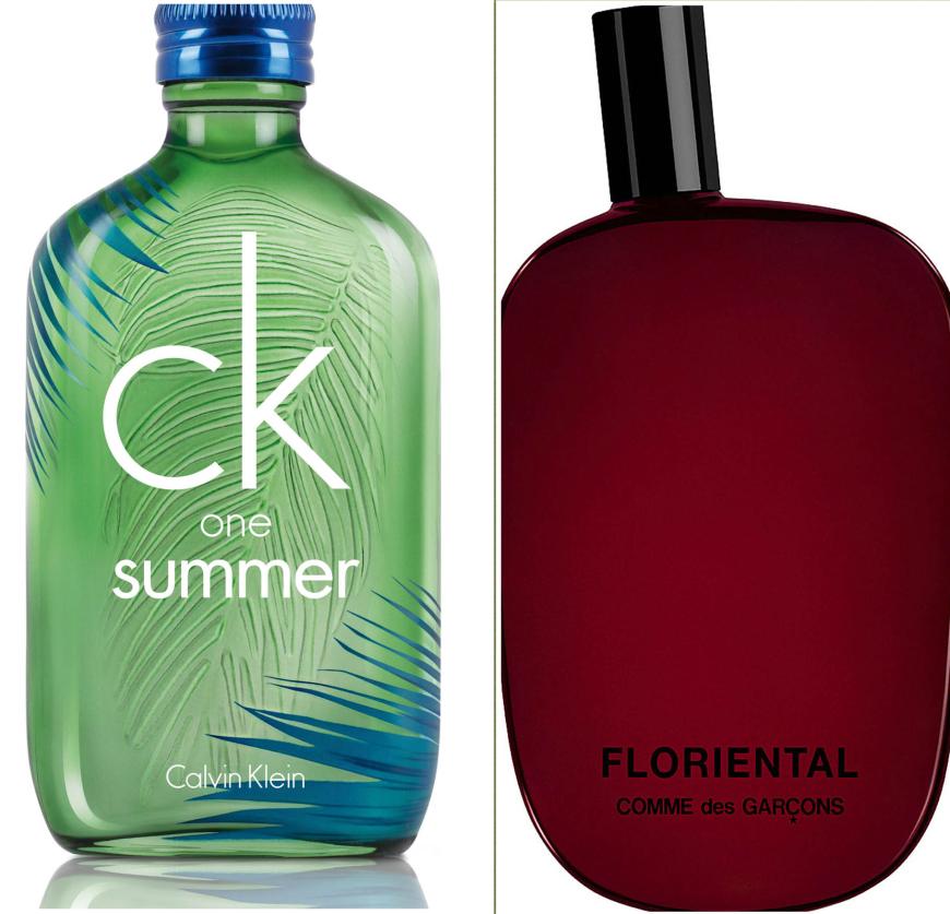 Fruchtig zu würzig: „CK One Summer“ von Calvin Klein, mit grünem Apfel, Wacholder und Zedern- holz, 100 ml, EdT, ca. 44 Euro + „ Floriental“ von Comme des Garçons, mit Zistrose, Vetiver und rosa Pfeffer, 50 ml, EdP, ca. 85 Euro